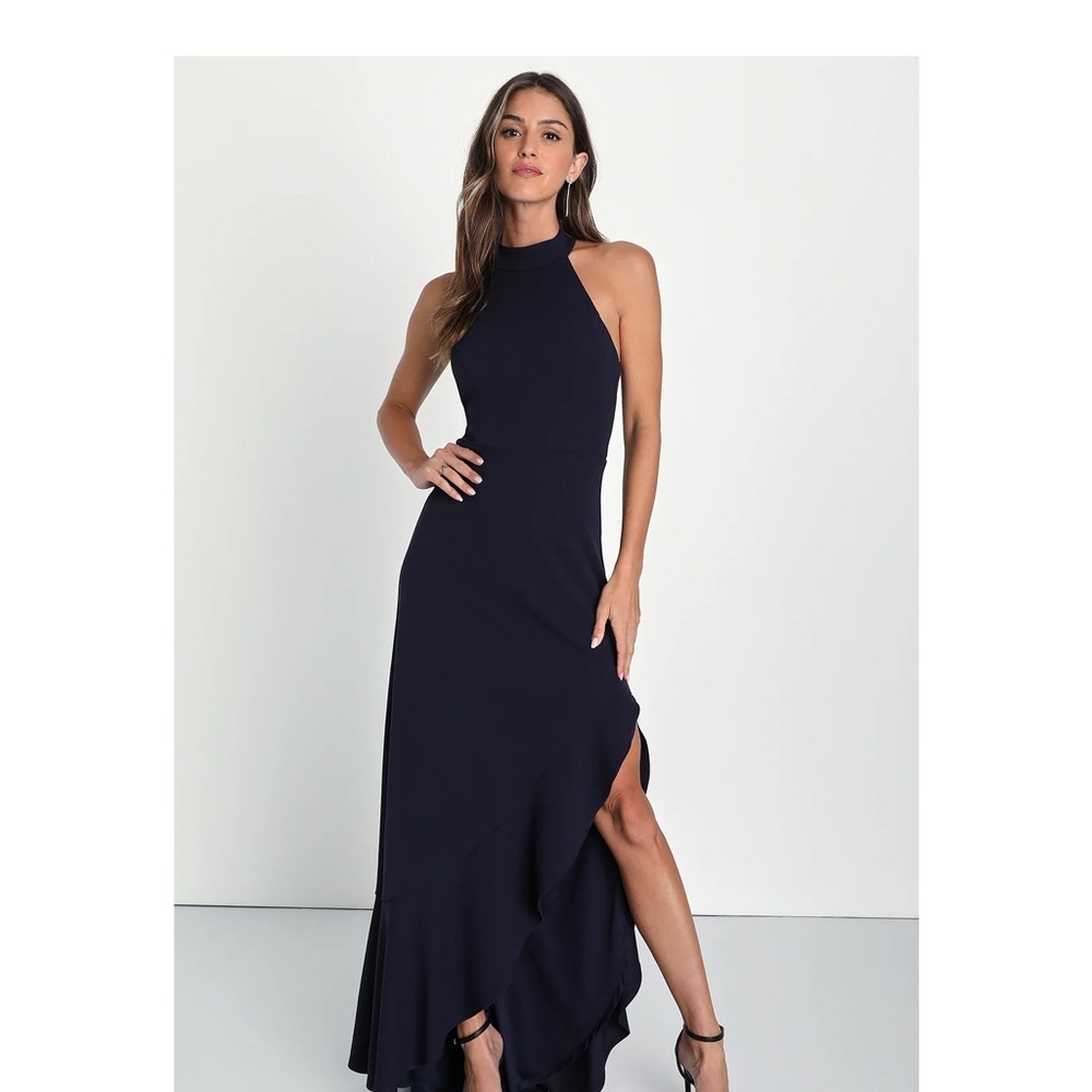 Lulu's Navy Asymmetrical Halter Maxi Dress